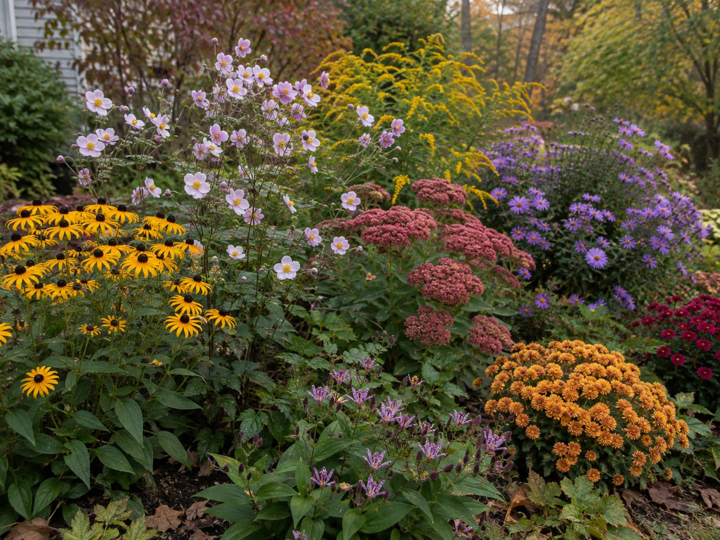 Seven fall blooming flowers combined in a natural garden for layered late-season color.