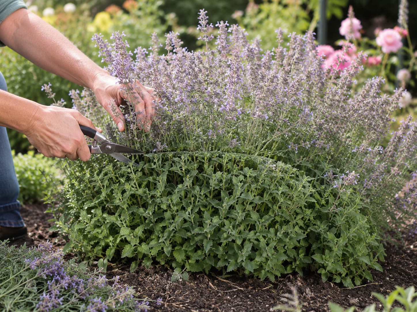 Gardener shearing back faded catmint after its first bloom to encourage fresh compact growth.