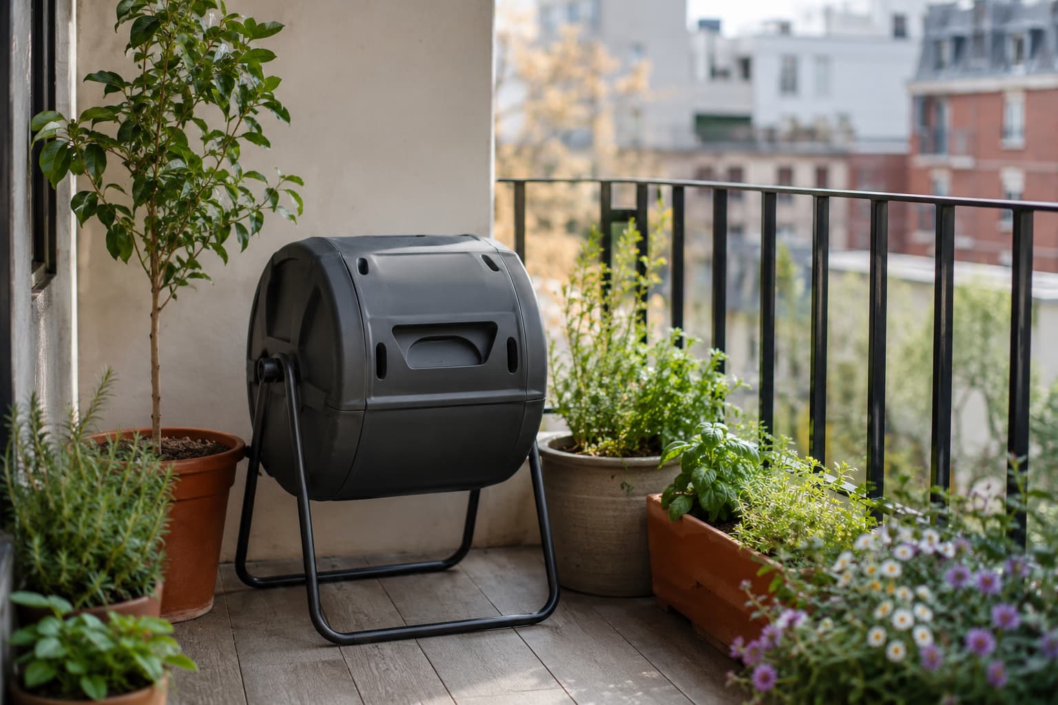 Small enclosed compost tumbler positioned on a tidy apartment balcony with container plants.