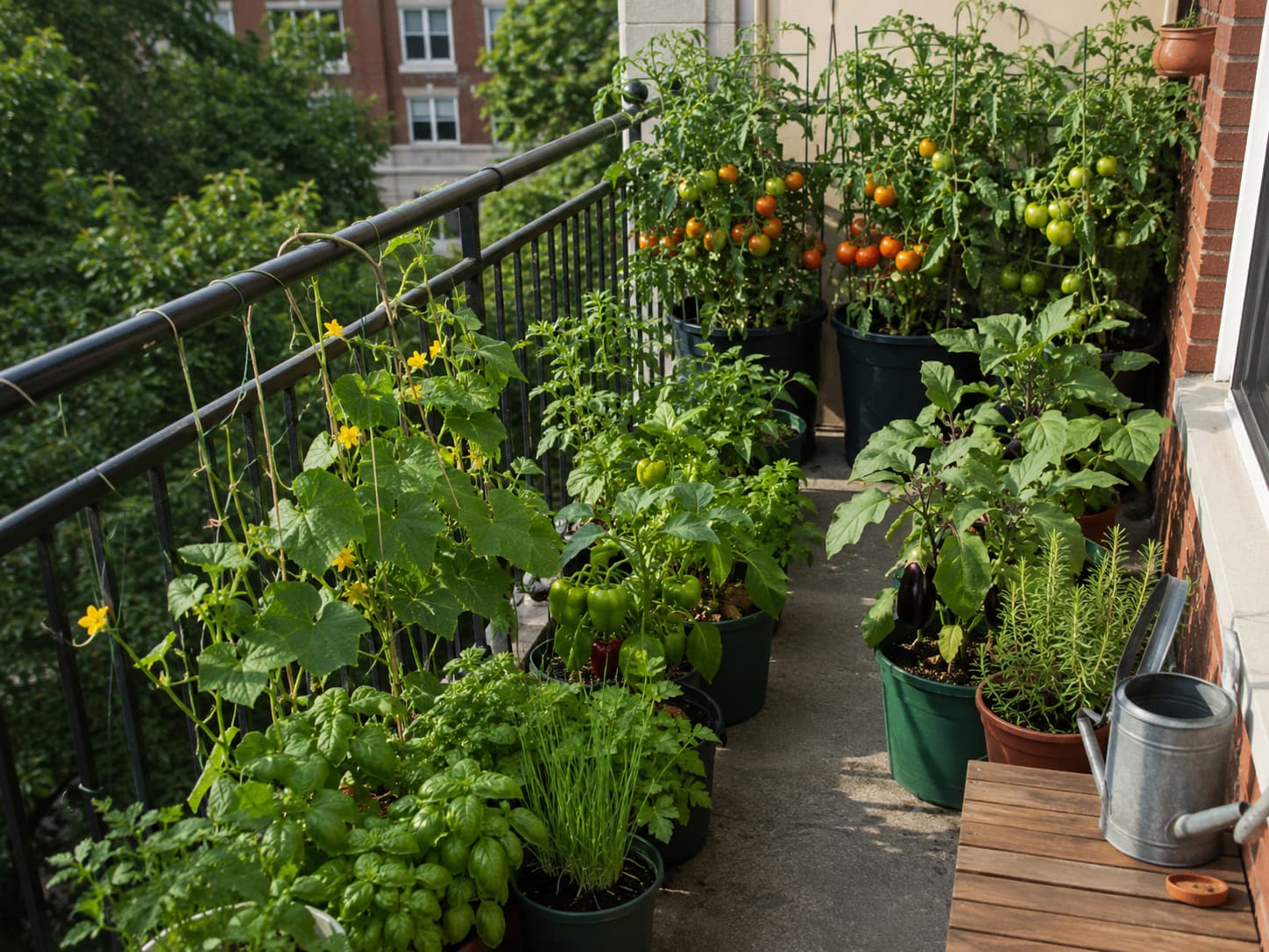 Compact balcony vegetable garden with tall crops at the back and smaller containers arranged for access and airflow.