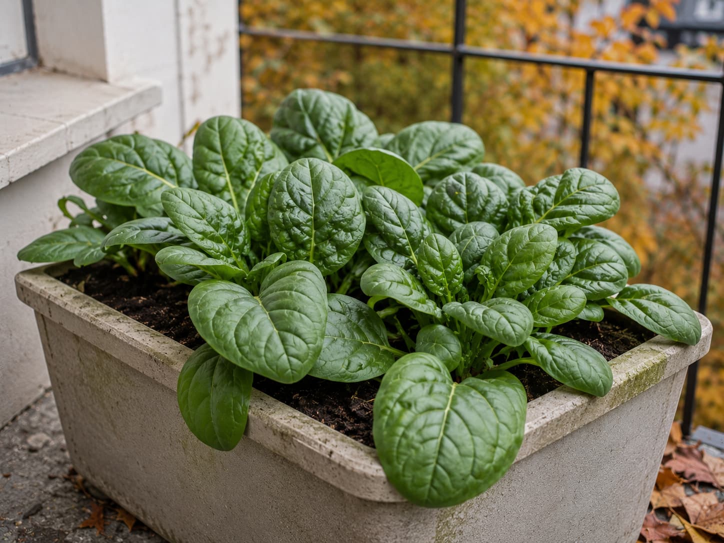 Healthy spinach leaves growing in a deep balcony container during cool fall weather.