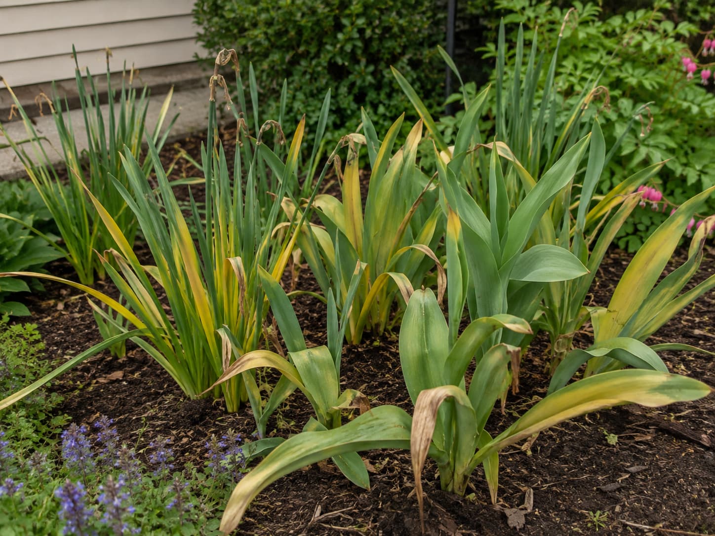 Daffodil and tulip foliage left standing after flowers fade, gradually yellowing naturally to recharge the bulbs for next year.