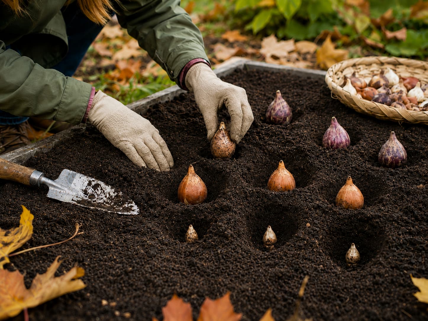 Gardener placing spring bulbs at different planting depths in a prepared fall garden bed with the pointed ends facing upward.