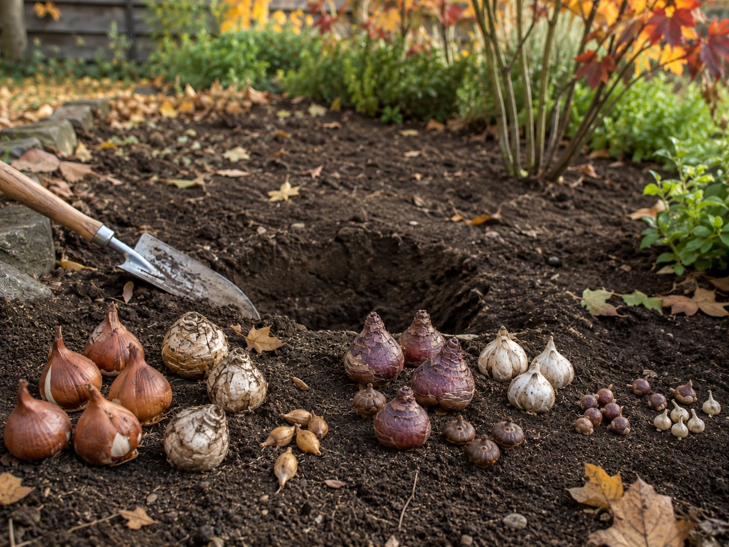 Tulip, daffodil, crocus, hyacinth, allium, muscari, and snowdrop bulbs arranged beside a fall garden bed ready for planting.