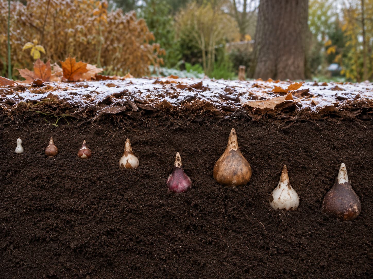 Spring-flowering bulbs planted in cool fall soil beneath autumn mulch, illustrating the cold winter period needed before spring growth.