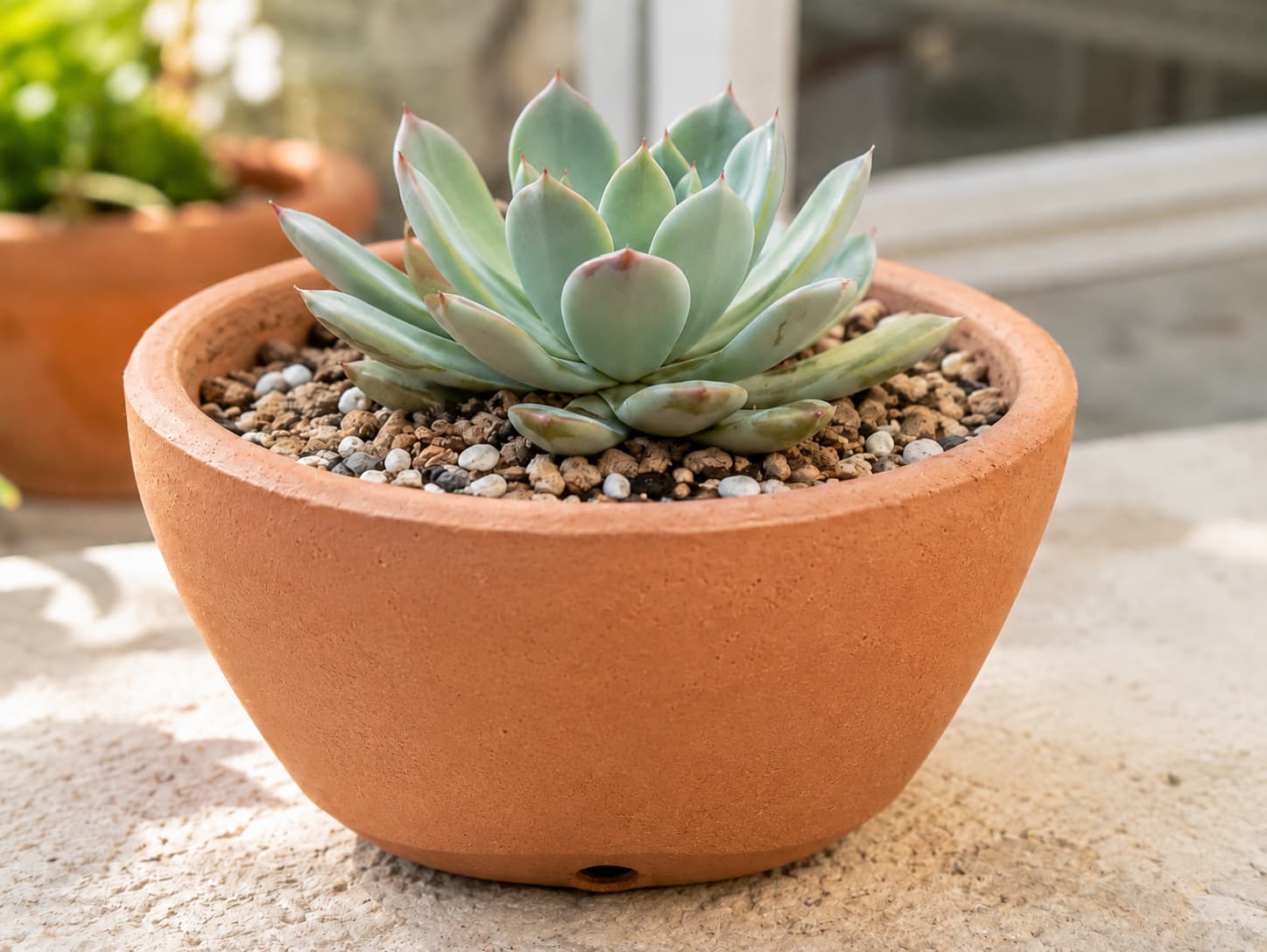 Succulent planted in an unglazed terracotta pot with a drainage hole and gritty fast-draining potting mix.