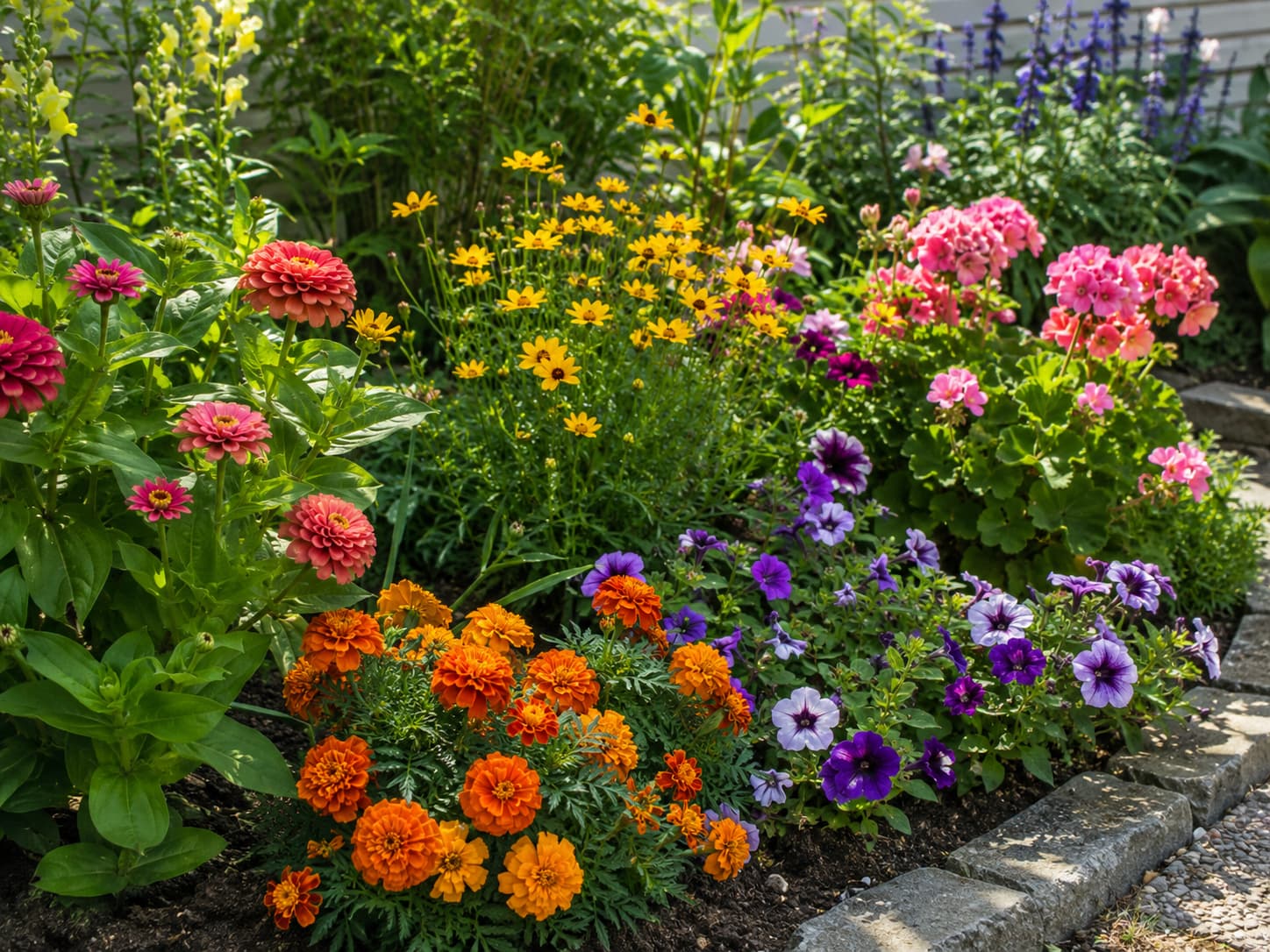 Healthy marigolds, zinnias, petunias, coreopsis, and geraniums growing together in a sunny summer garden bed.