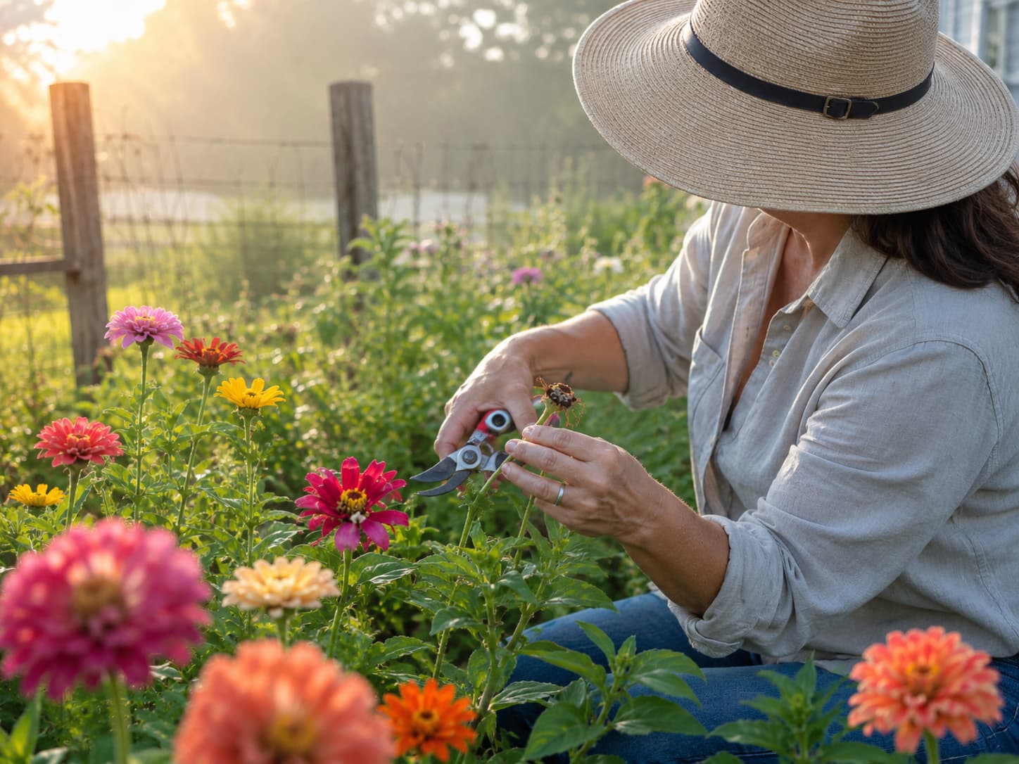 Gardener pruning summer flowers in soft early morning light to reduce heat stress on freshly cut stems.