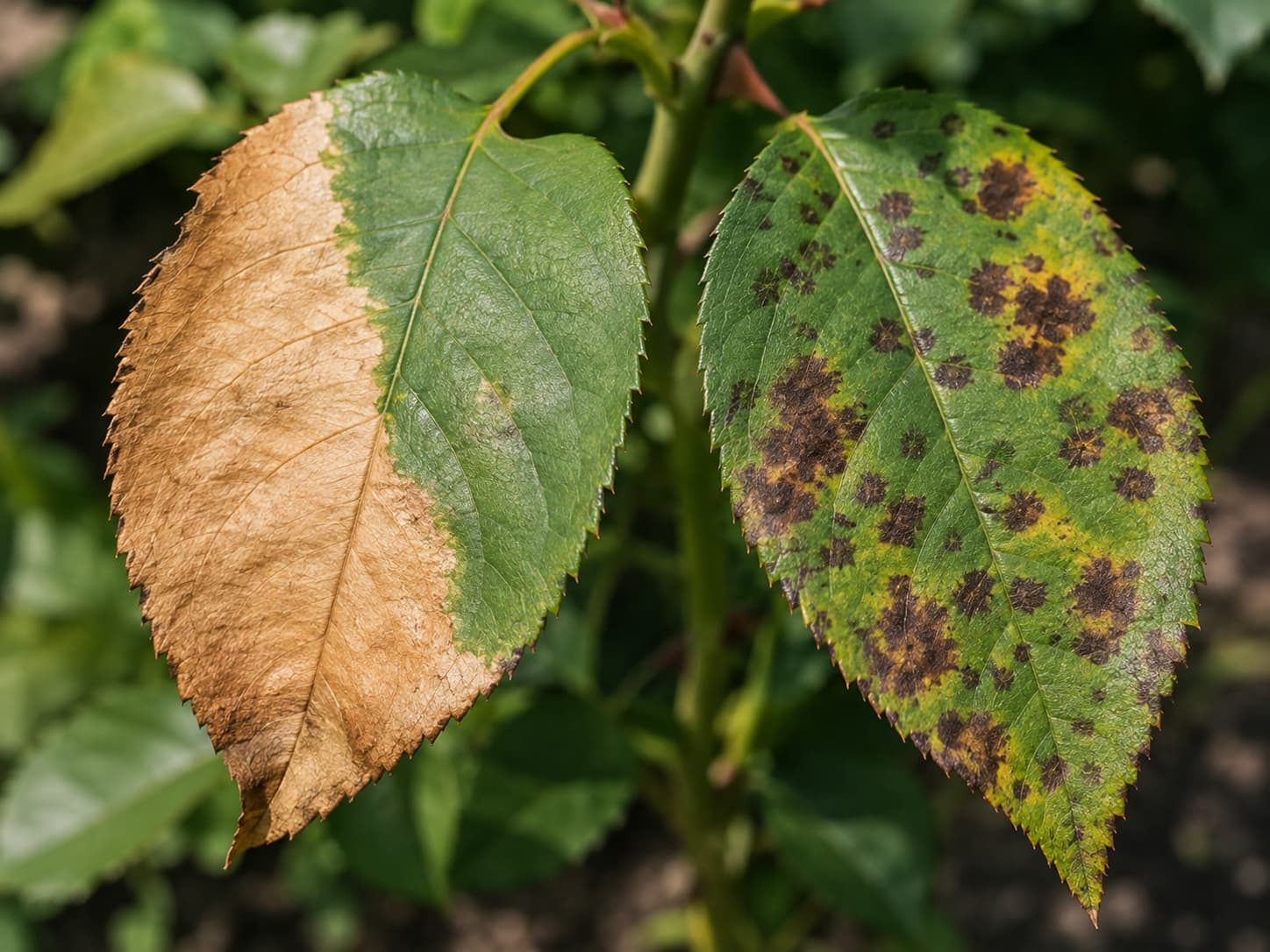 Two plant leaves compared side by side, one with dry sun scorch and one with spreading leaf-spot disease symptoms.
