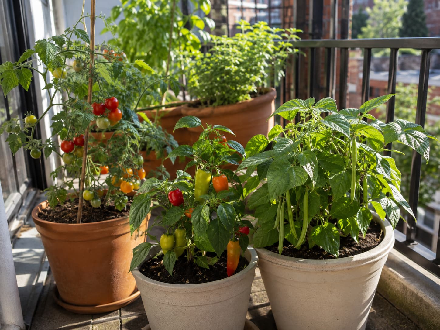 Illustration of cherry tomatoes, peppers, and bush beans growing in separate containers on a sunny summer balcony with a warm urban backdrop.