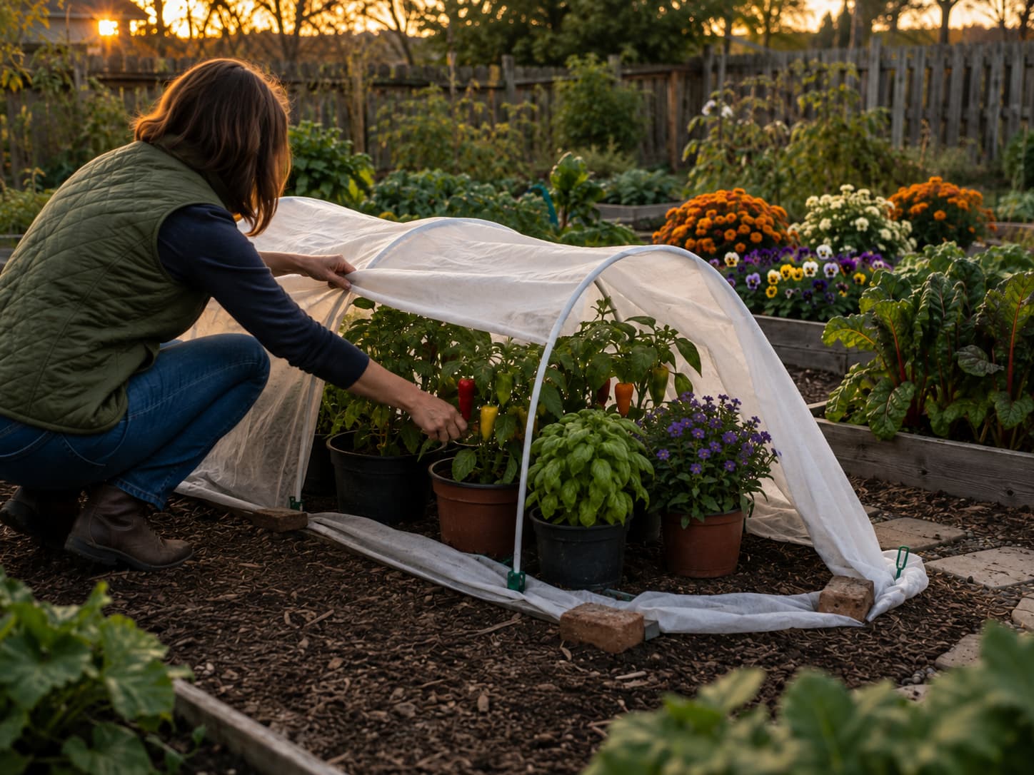 Tender vegetables and flowers grouped by frost sensitivity, with the most vulnerable plants protected first.