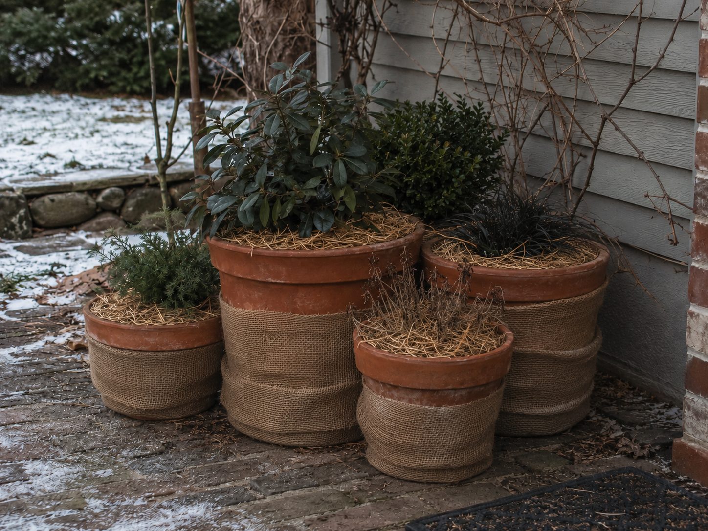 Terra-cotta containers prepared for winter with insulation and sheltered placement to reduce freeze-thaw damage.