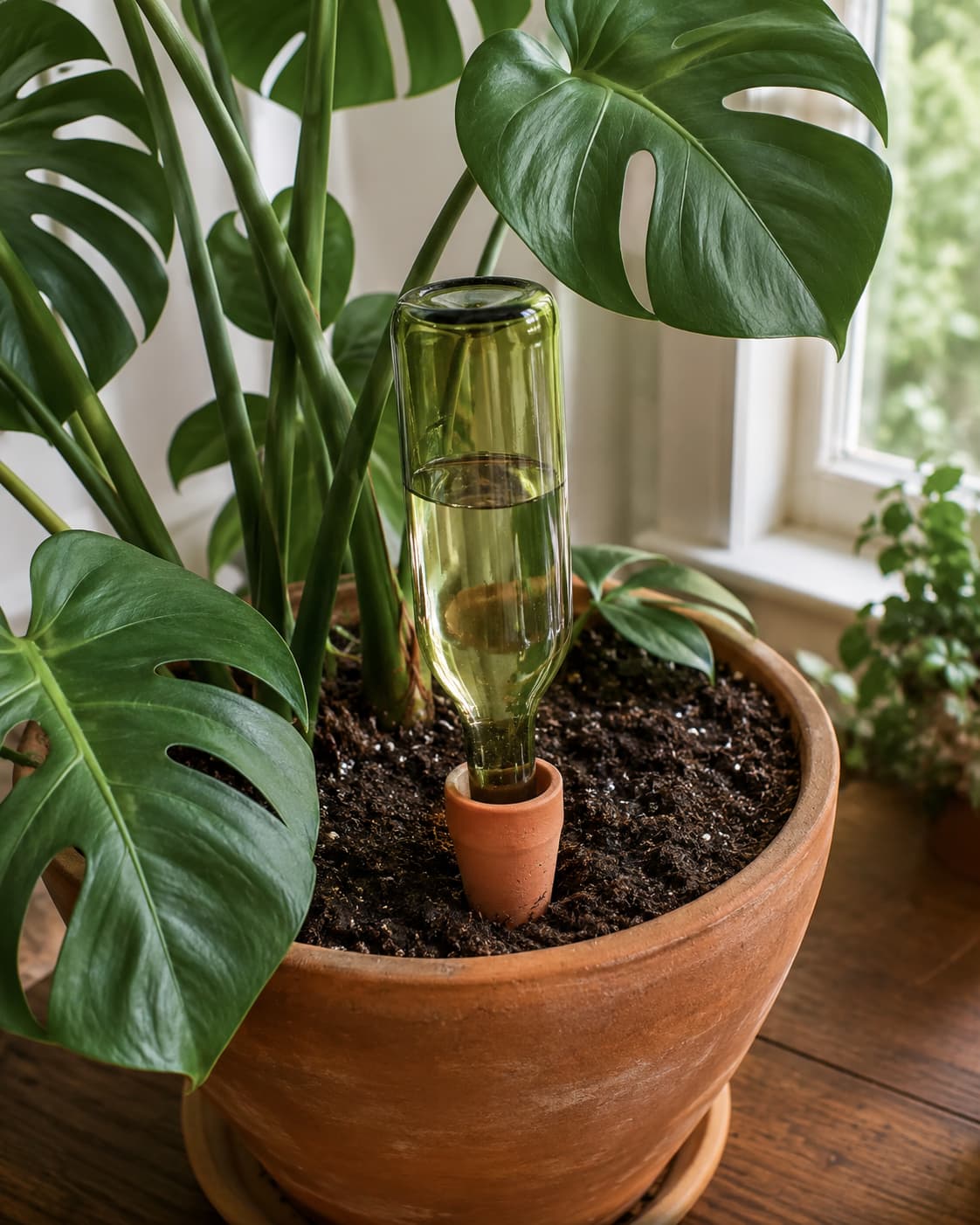 Terracotta watering stake paired with an inverted bottle in a large houseplant pot for slow self-watering.