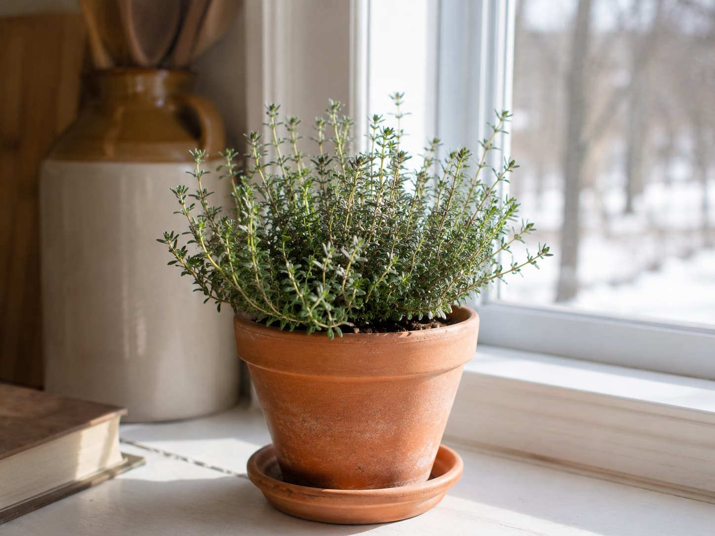 Compact thyme growing in a terracotta pot beside a sunny winter window indoors.