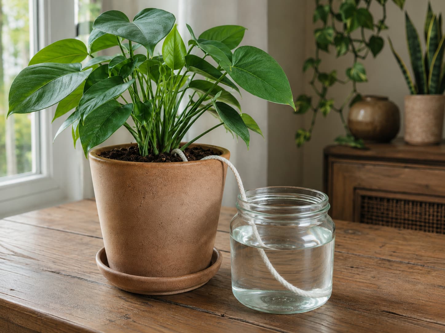 Cotton wick self-watering system connecting a water reservoir to a potted houseplant before a vacation.