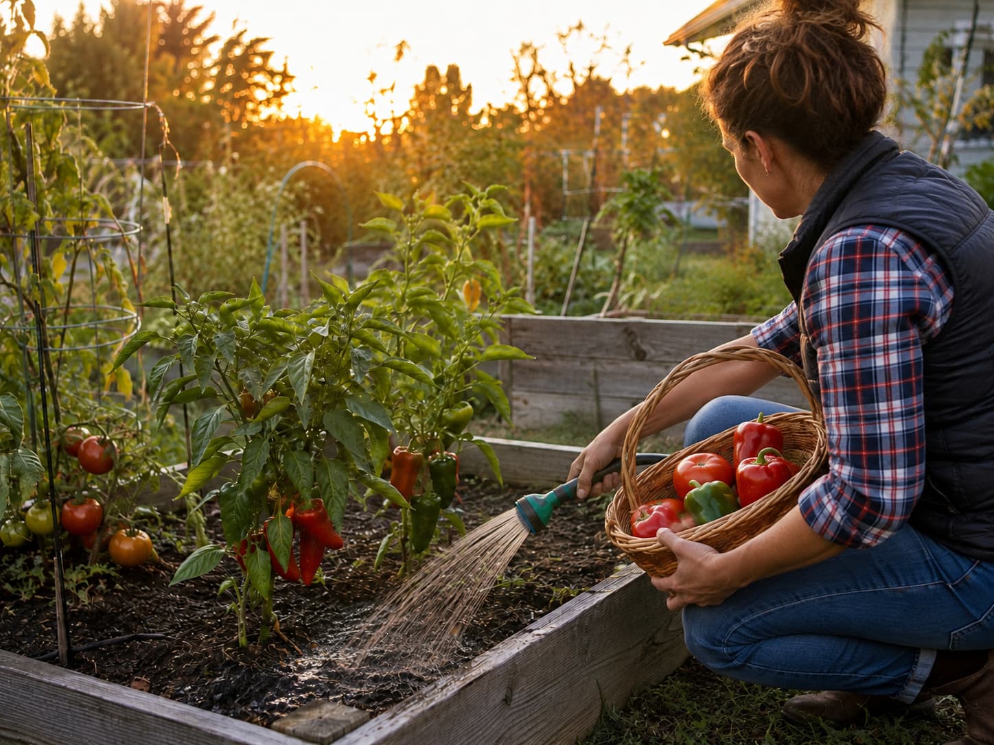 Gardener watering soil and harvesting ripe vegetables before sunset ahead of a frost warning.