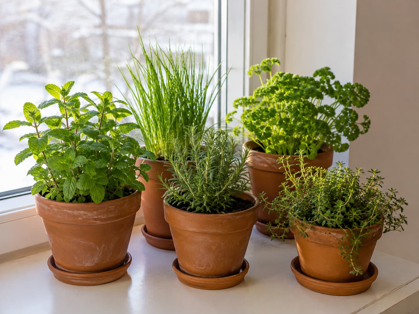 Five culinary herbs in separate terracotta pots arranged together on a bright indoor windowsill for winter growing.