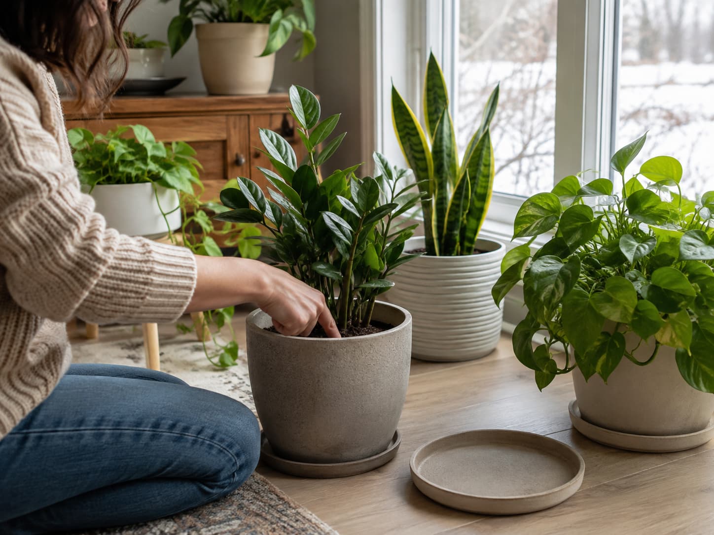 Houseplants arranged near bright winter light with careful soil-moisture checking and space from heating vents.