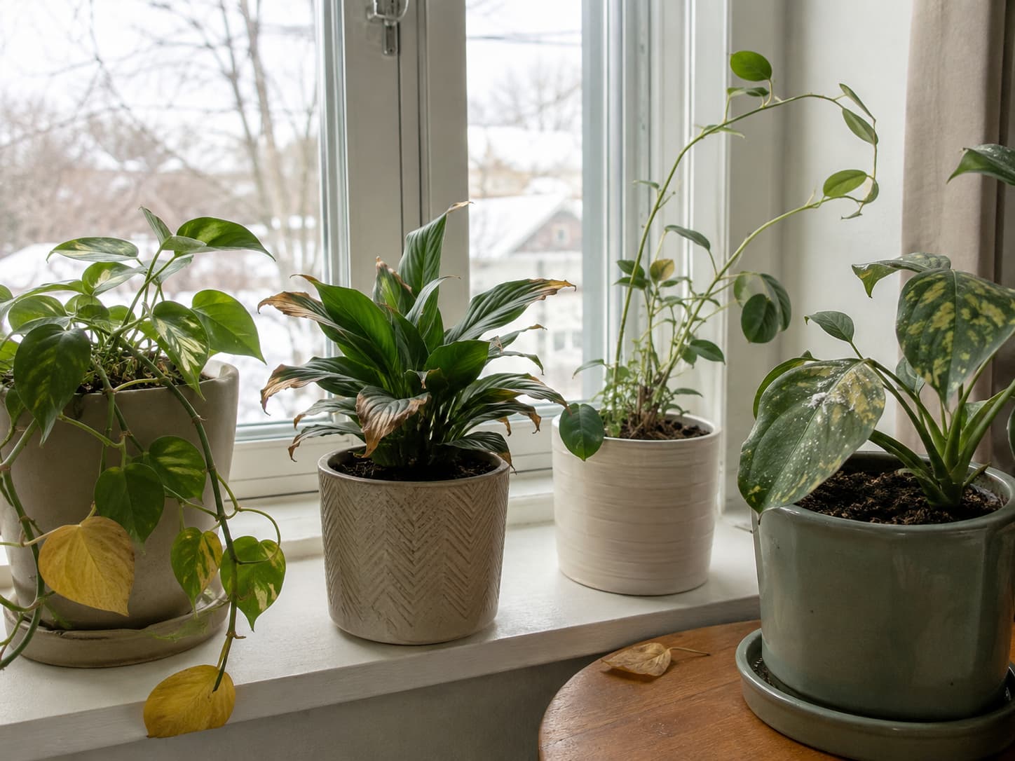 Several houseplant leaves compared for winter stress signs including yellowing, dry brown edges, stretching, and pest damage.