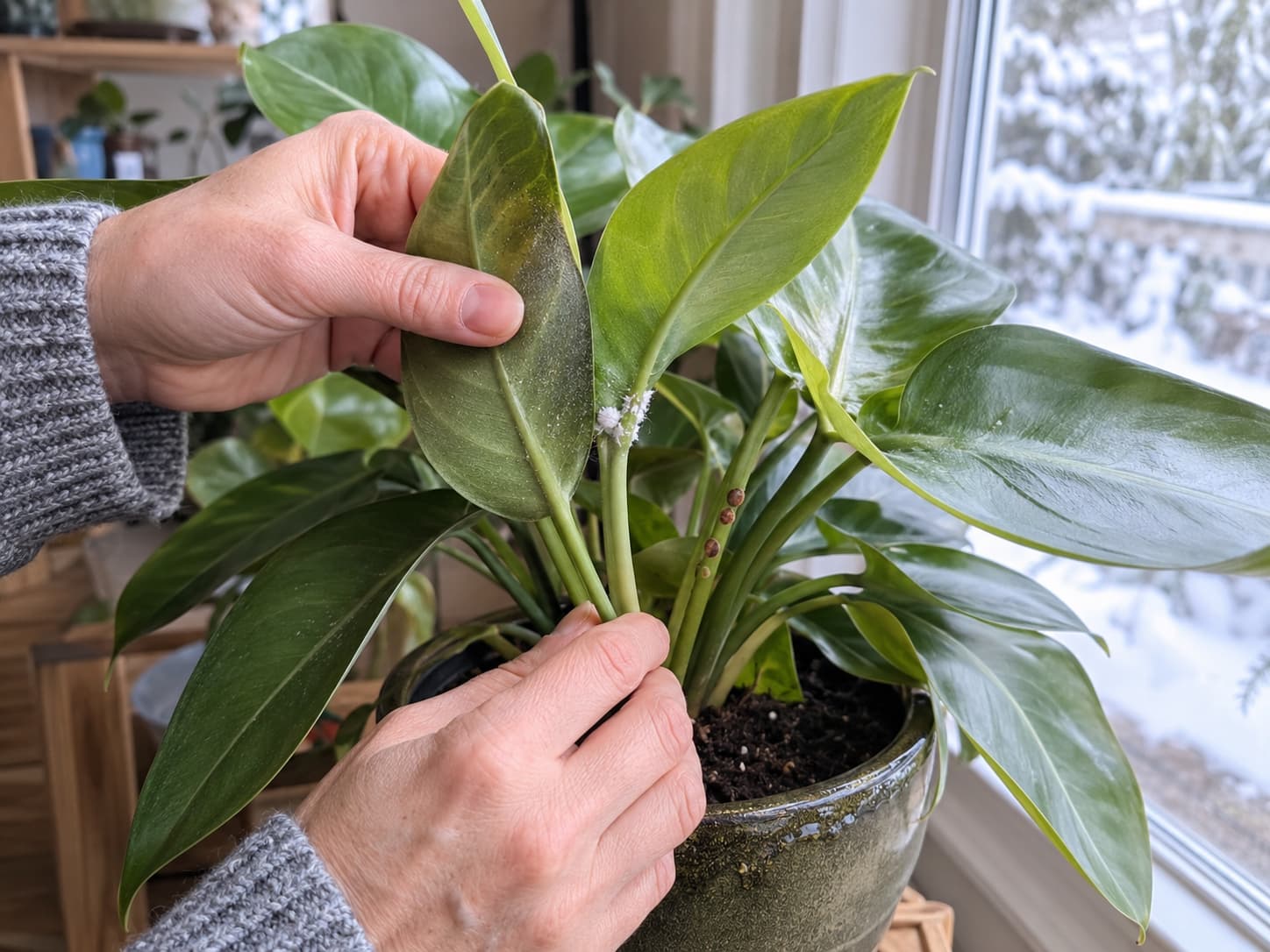Gardener inspecting the underside of houseplant leaves for spider mites, mealybugs, scale, and sticky residue during winter.
