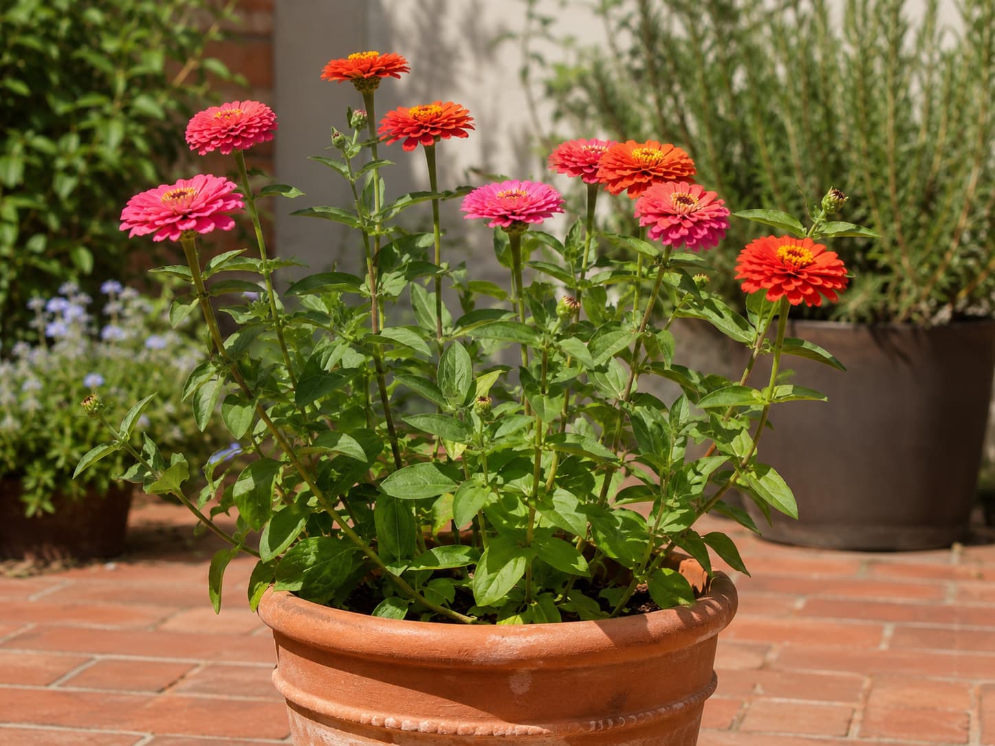 Healthy zinnia flowers growing in a sunny container during hot summer weather with open spacing around the foliage.