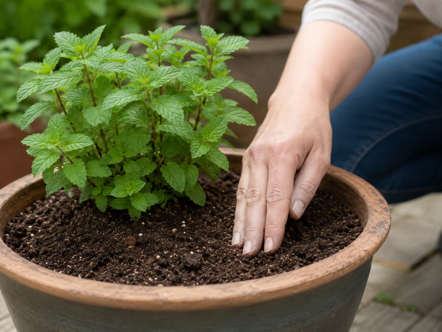 Gardener checking the top of mint potting mix before watering a container plant.