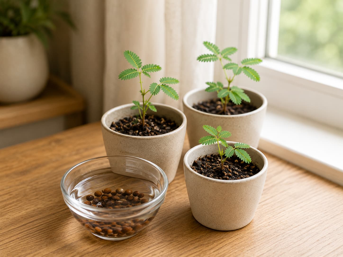 Mimosa pudica seeds soaking before sowing beside young sensitive plant seedlings in small pots.