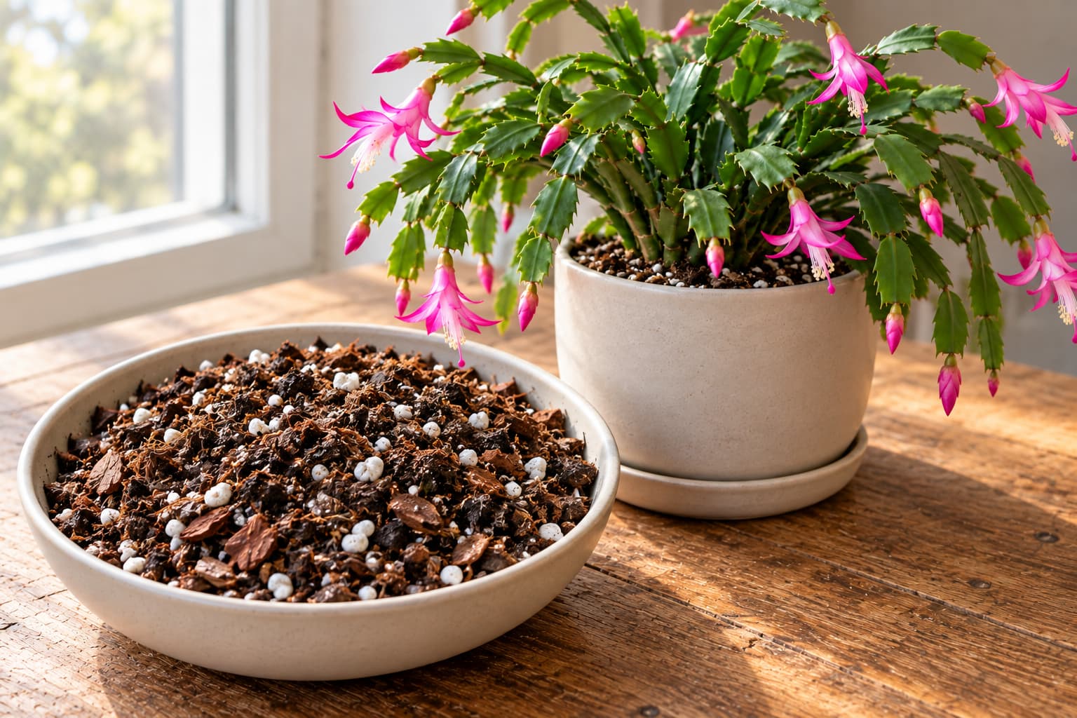 Finished loose Christmas cactus potting mix with visible organic particles and perlite beside a potted Schlumbergera