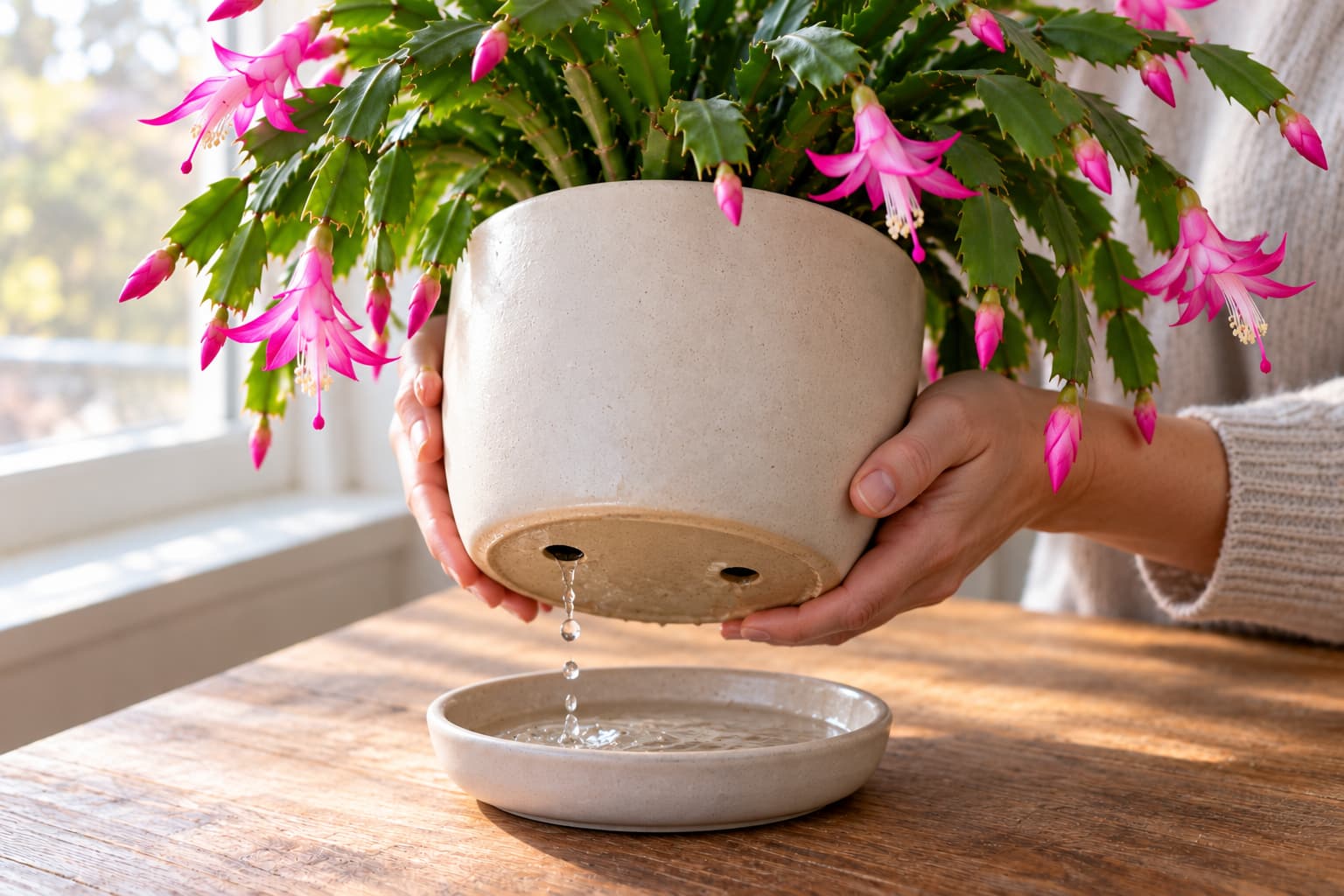 Water draining from the bottom holes of an intact Christmas cactus pot into a saucer that will be emptied