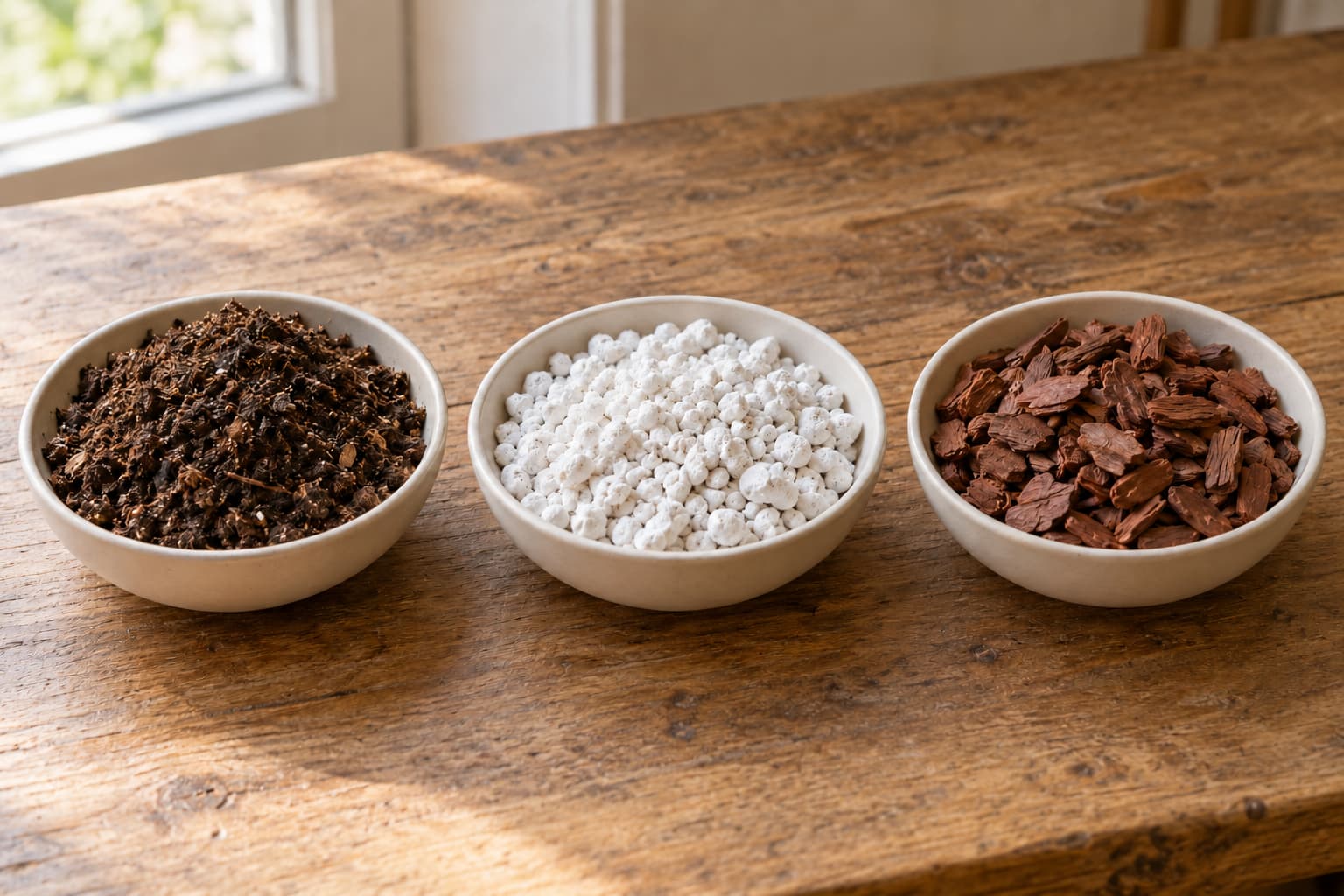 Houseplant potting mix, perlite, and fine orchid bark shown separately in plain shallow bowls