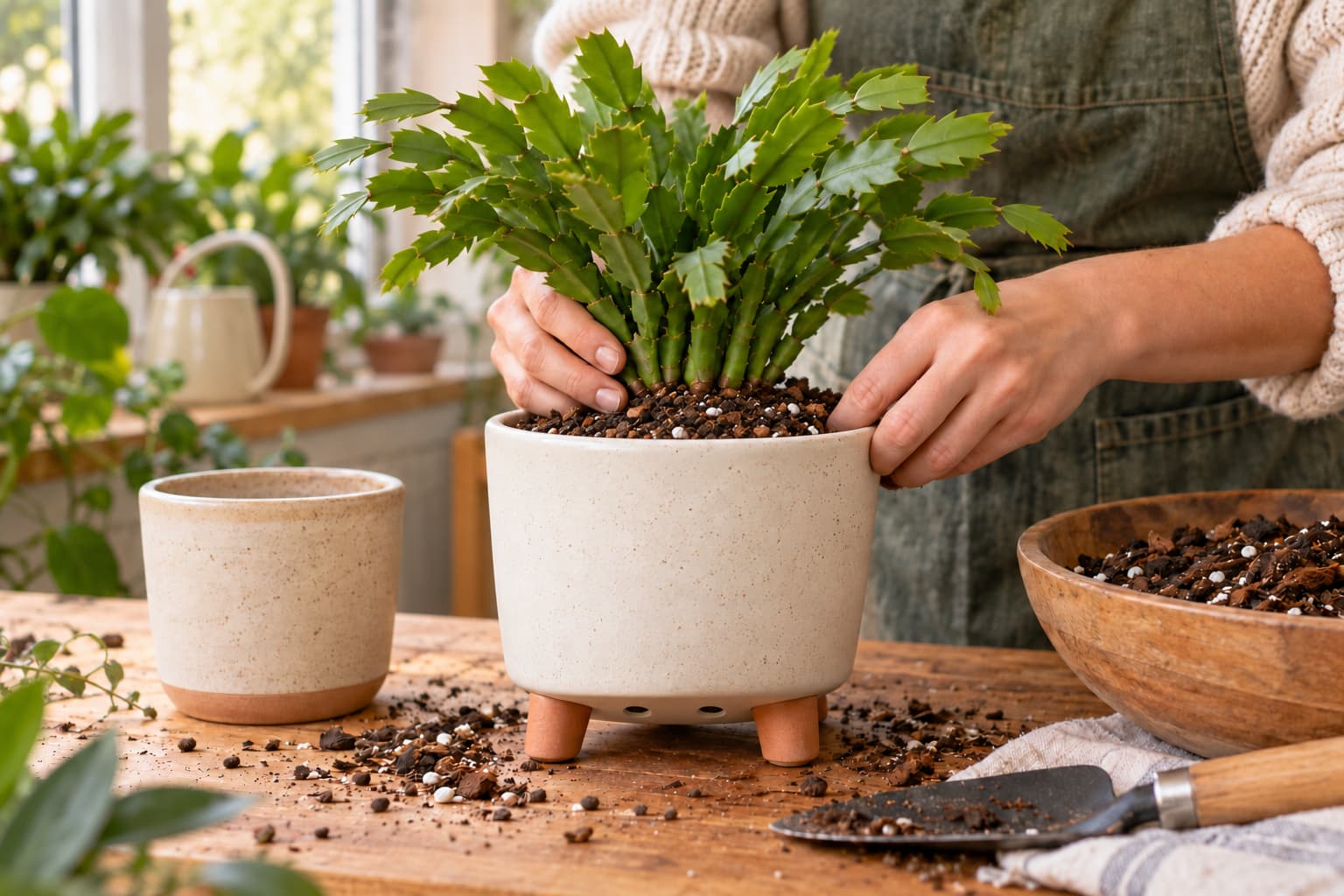 Gardener repotting a Christmas cactus at its previous depth into a slightly larger intact pot with bottom drainage holes