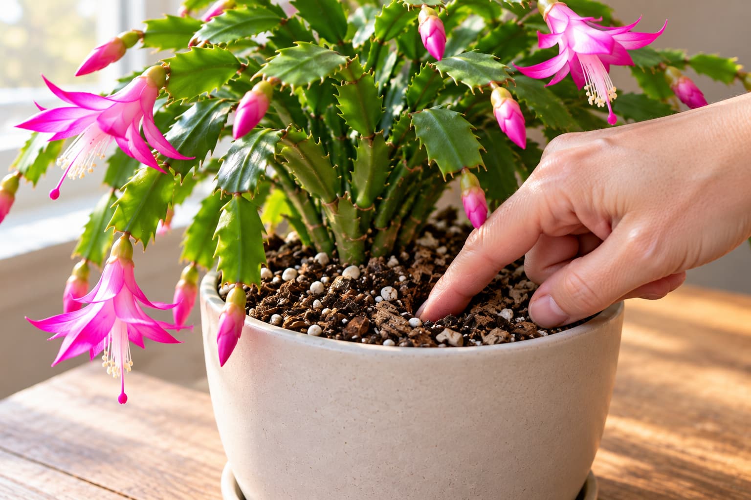 Gardener checking the top layer of Christmas cactus potting mix with a finger before watering