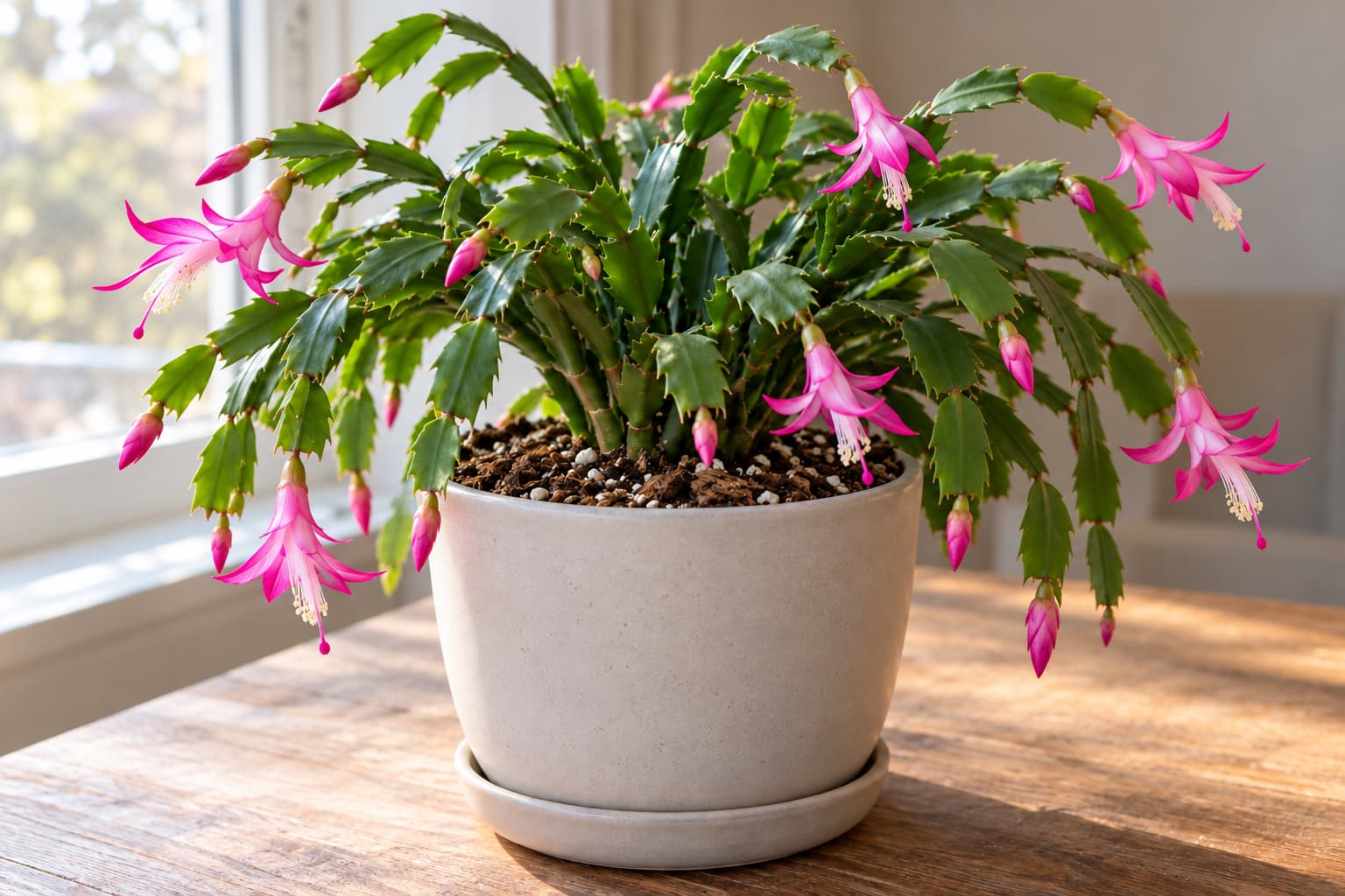 Blooming Christmas cactus in a pot with a loose organic potting mix visible at the surface