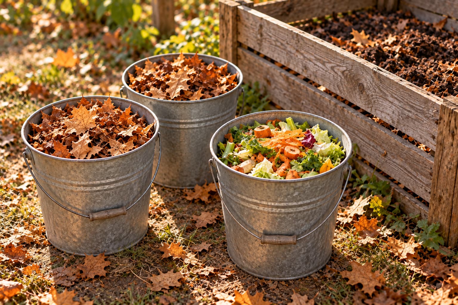 Two buckets of dry leaves beside one bucket of vegetable scraps before mixing in a compost pile