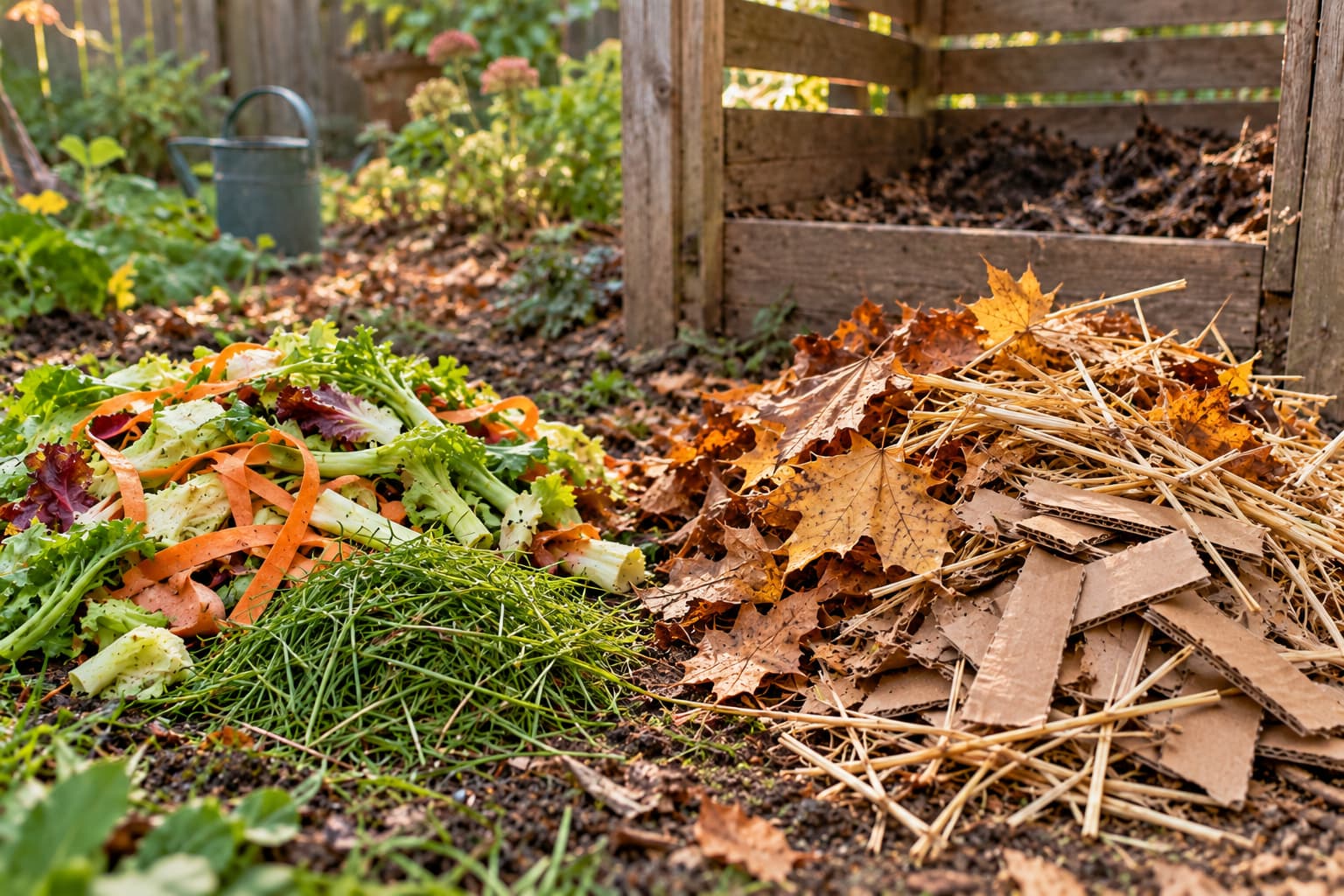 Vegetable scraps and grass clippings grouped separately from dry leaves, straw, and shredded cardboard
