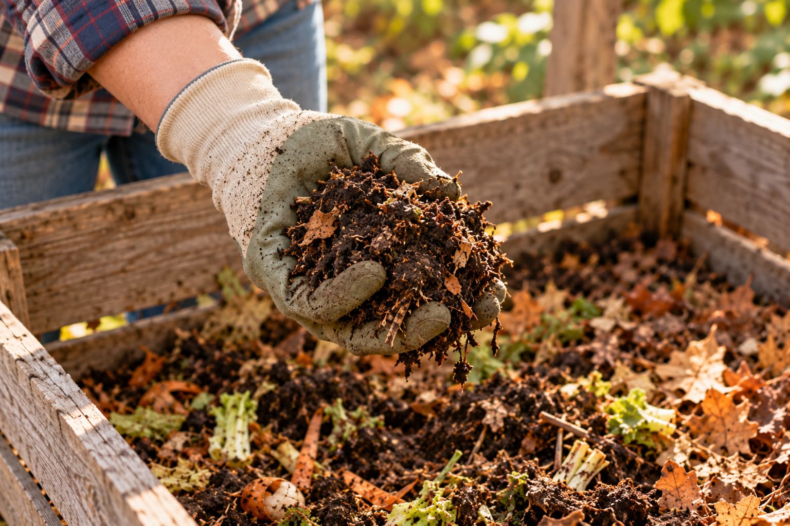 Gardener squeezing a handful of compost material to check that it feels damp without dripping