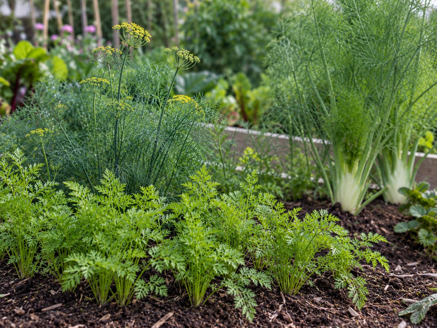 Dill, carrots, and fennel growing normally together in a mixed home garden bed.