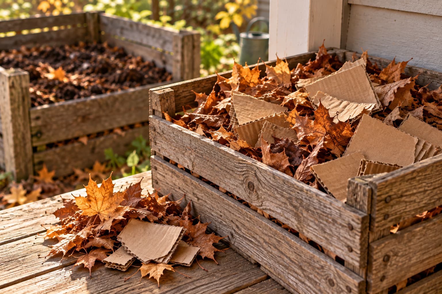 Shredded autumn leaves and plain cardboard kept dry for adding to a backyard compost pile
