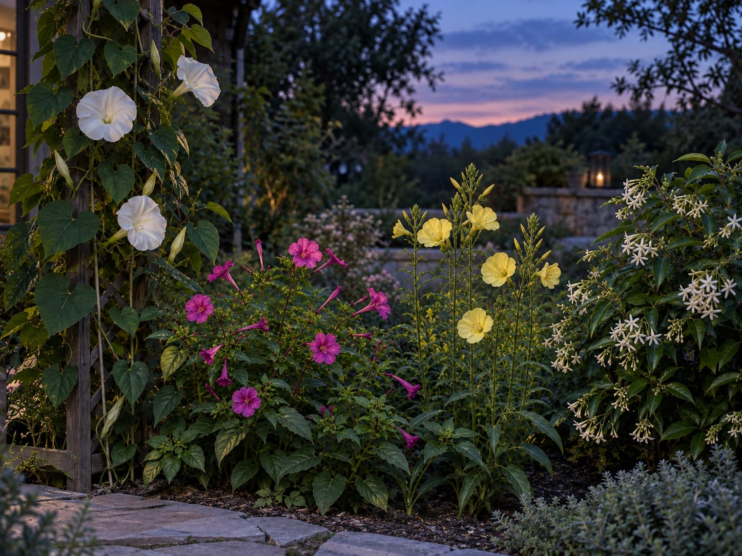Moonflower, four o'clock, evening primrose, and night-blooming jasmine growing together in a natural evening garden at dusk.