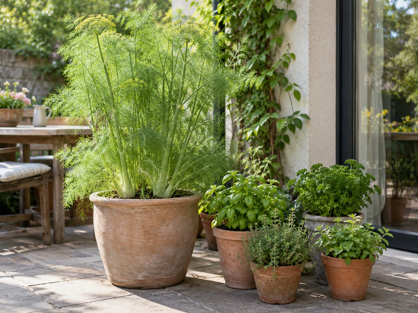 Tall fennel growing alone in a large stable container beside smaller culinary herb pots.