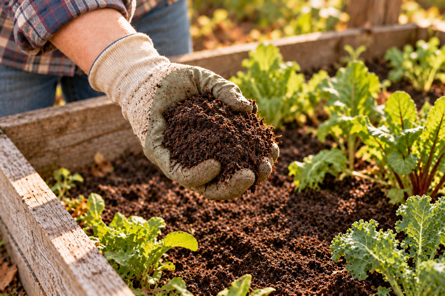 Dark crumbly finished compost in a gardener's hand beside a garden bed