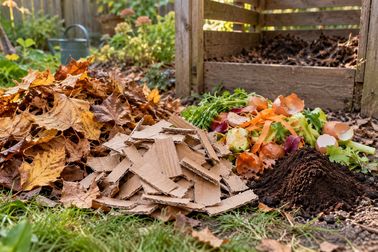 Dry autumn leaves and shredded cardboard beside vegetable scraps and used coffee grounds at a backyard compost bin