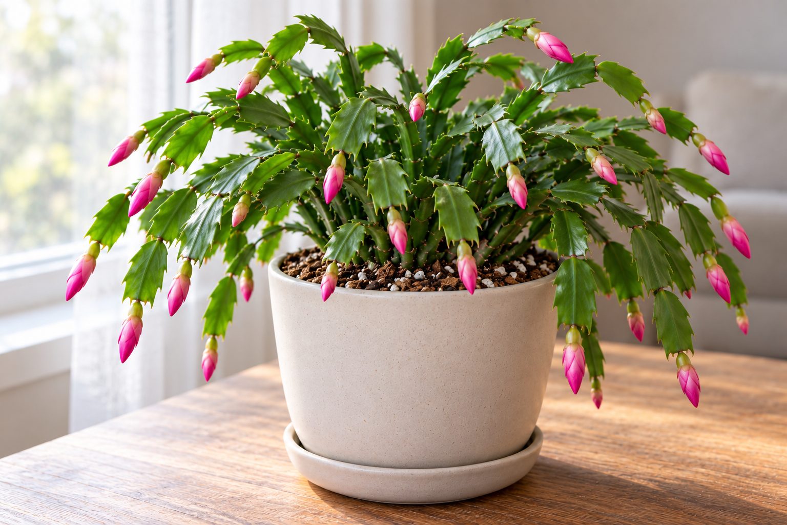 Healthy Christmas cactus with segmented stems and flower buds in bright indirect window light