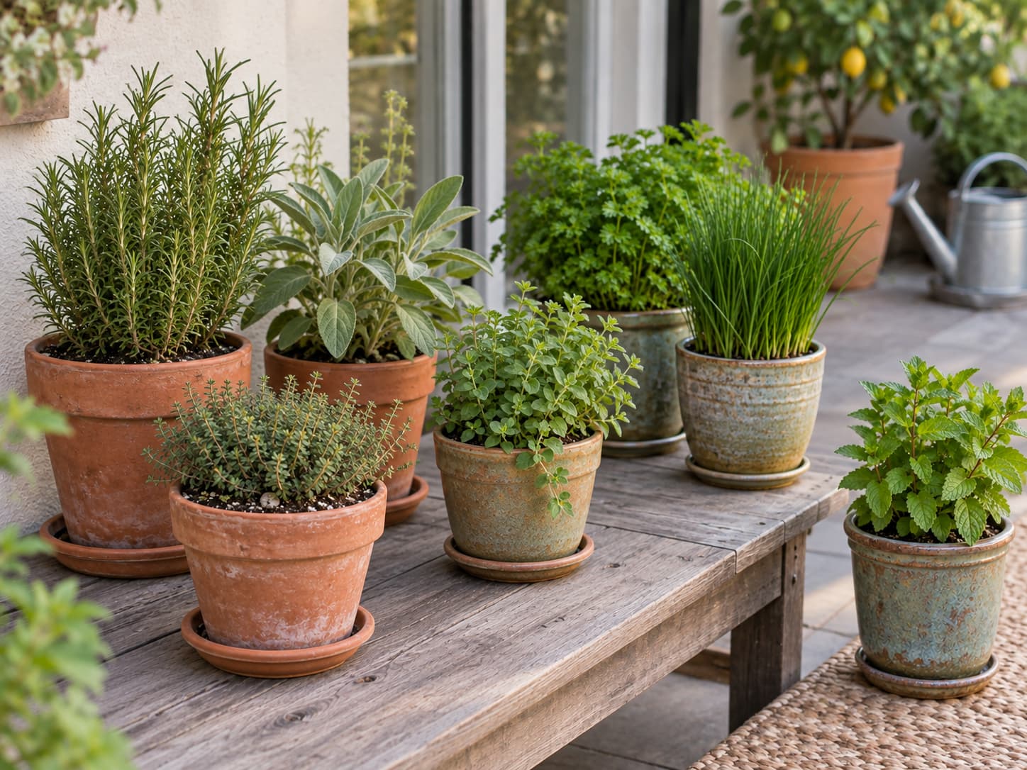 Mixed culinary herbs grouped by moisture needs, with Mediterranean herbs together and mint contained in its own separate pot.