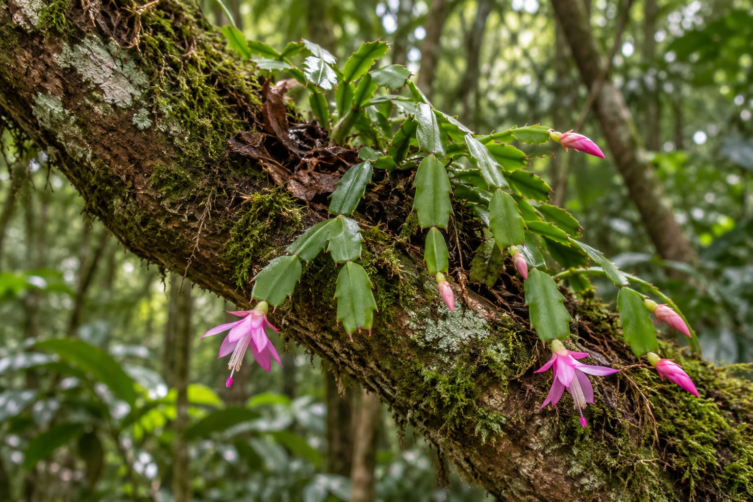 Holiday cactus growing on a mossy tree branch in a humid shaded forest habitat