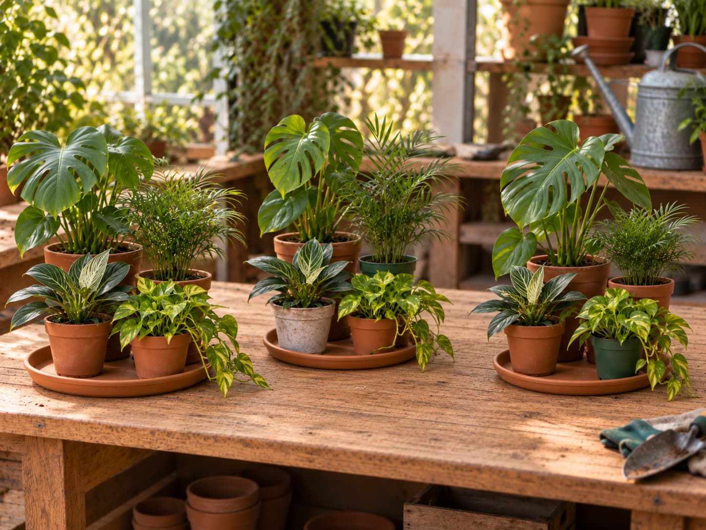 Twelve houseplants arranged in three treatment groups for an eight-week home growing-media trial.