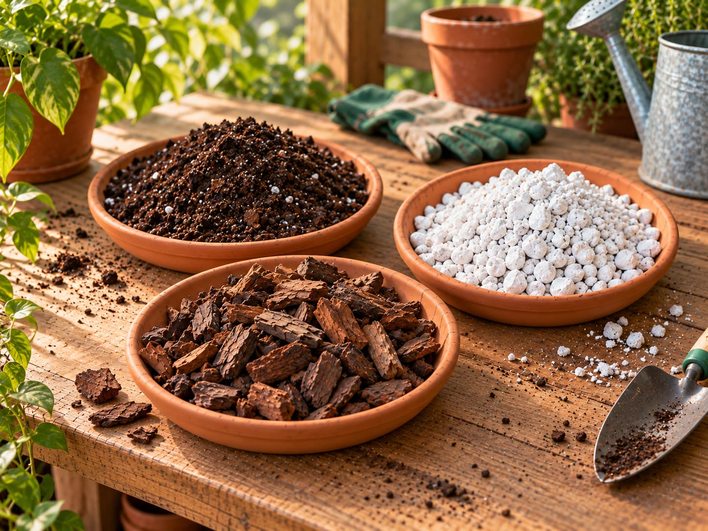 Potting mix, coarse perlite, and orchid bark shown separately in terracotta trays on a home potting bench.