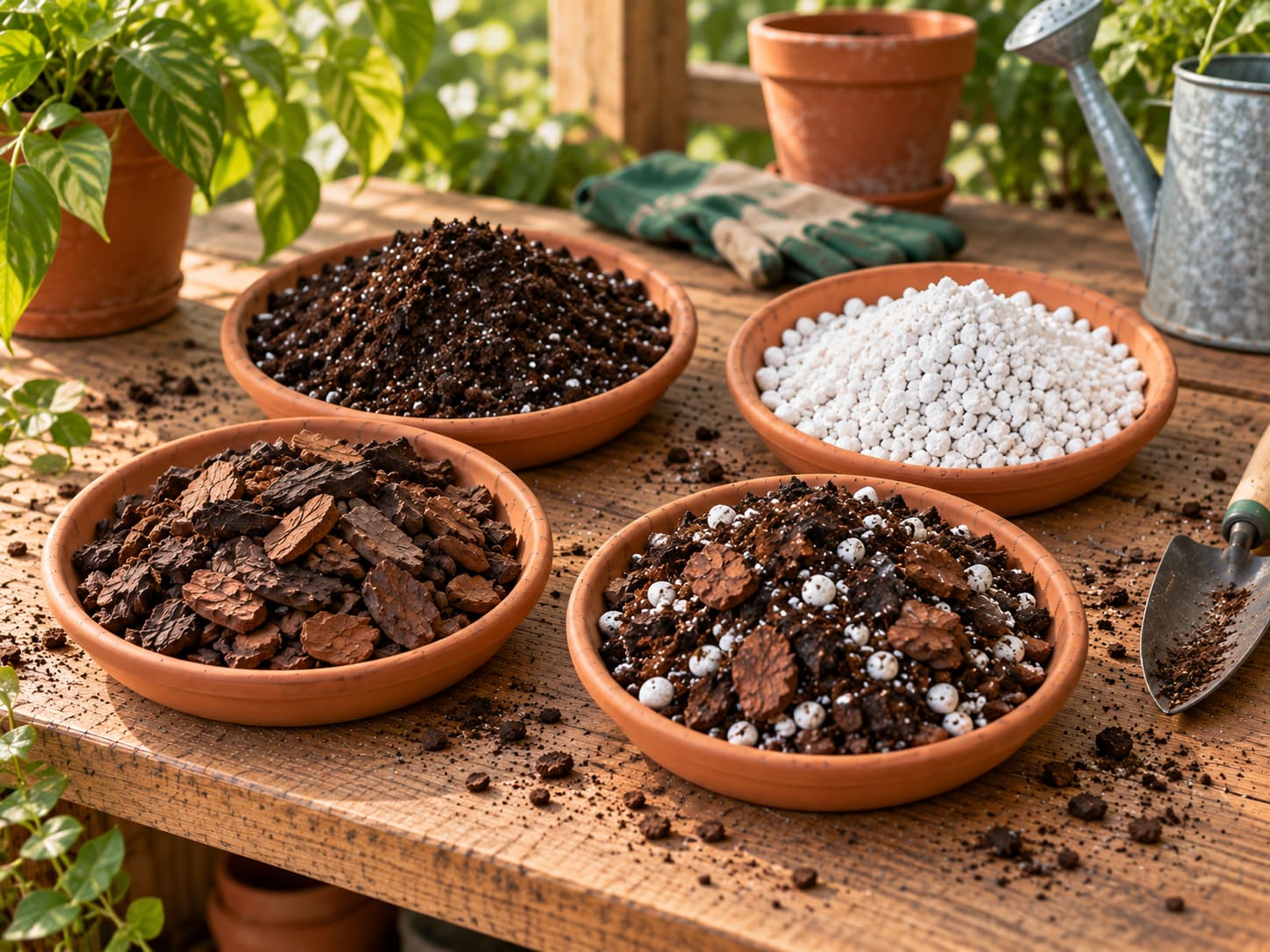 Potting mix, coarse perlite, orchid bark, and a finished chunky aroid mix arranged on a home potting bench.