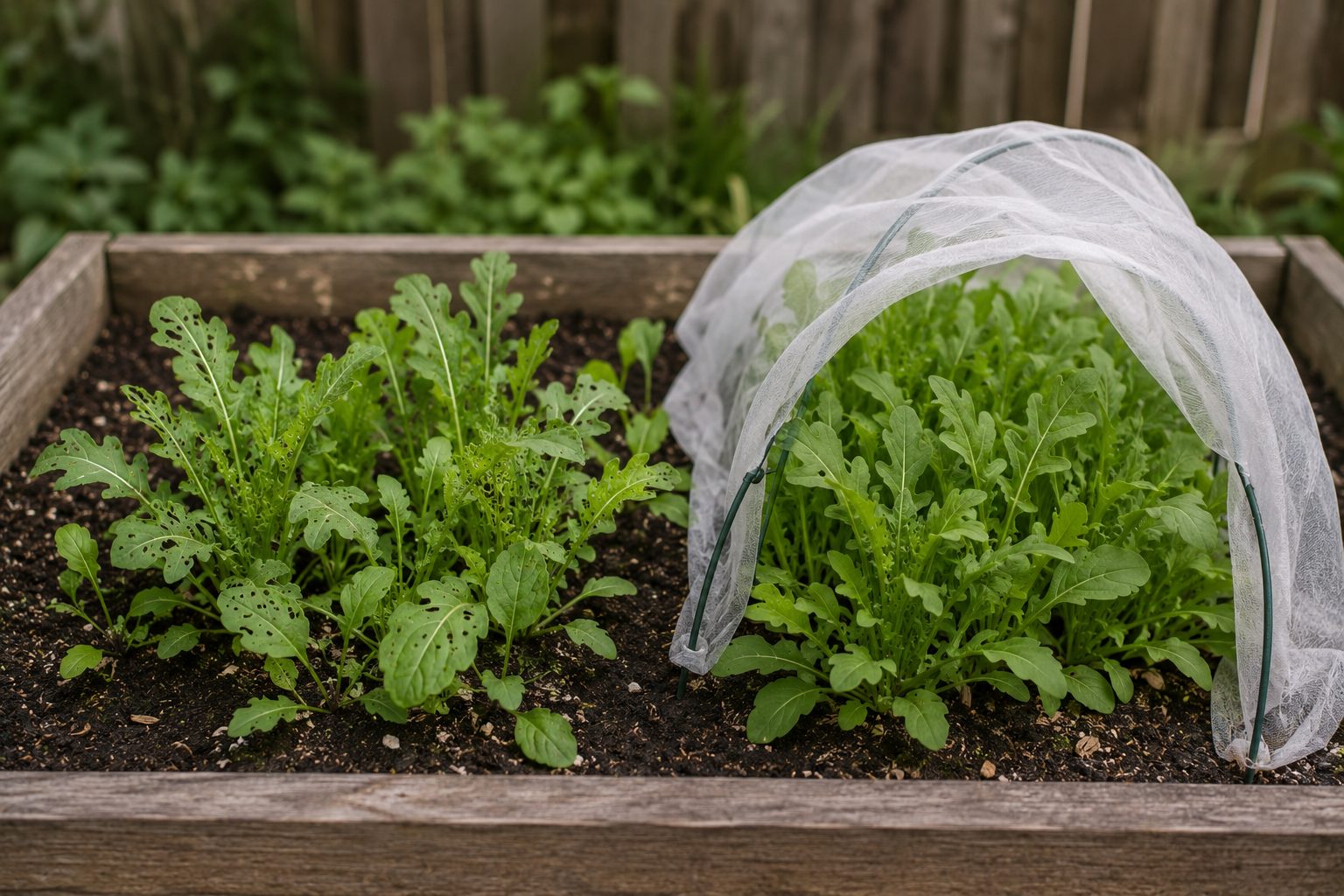 Arugula leaves with small flea beetle shot holes beside a healthy young planting protected under lightweight row cover.
