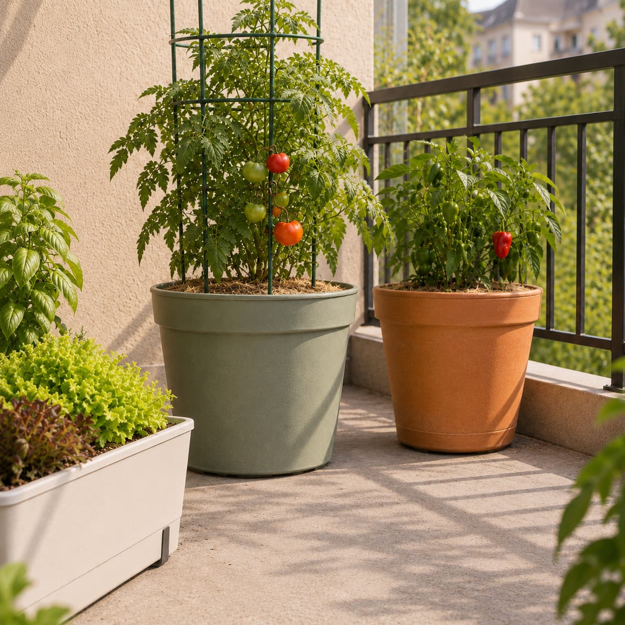 Light-colored vegetable containers with a thin mulch layer on a bright summer balcony.